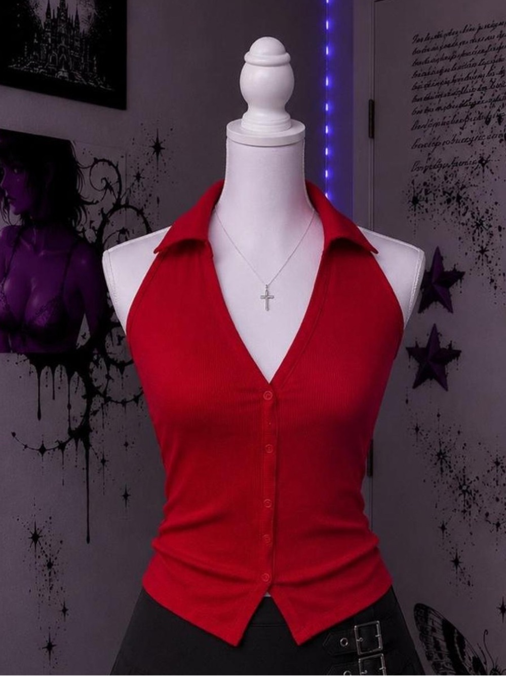Red Sleeveless Ribbed Button-Front Halter Top